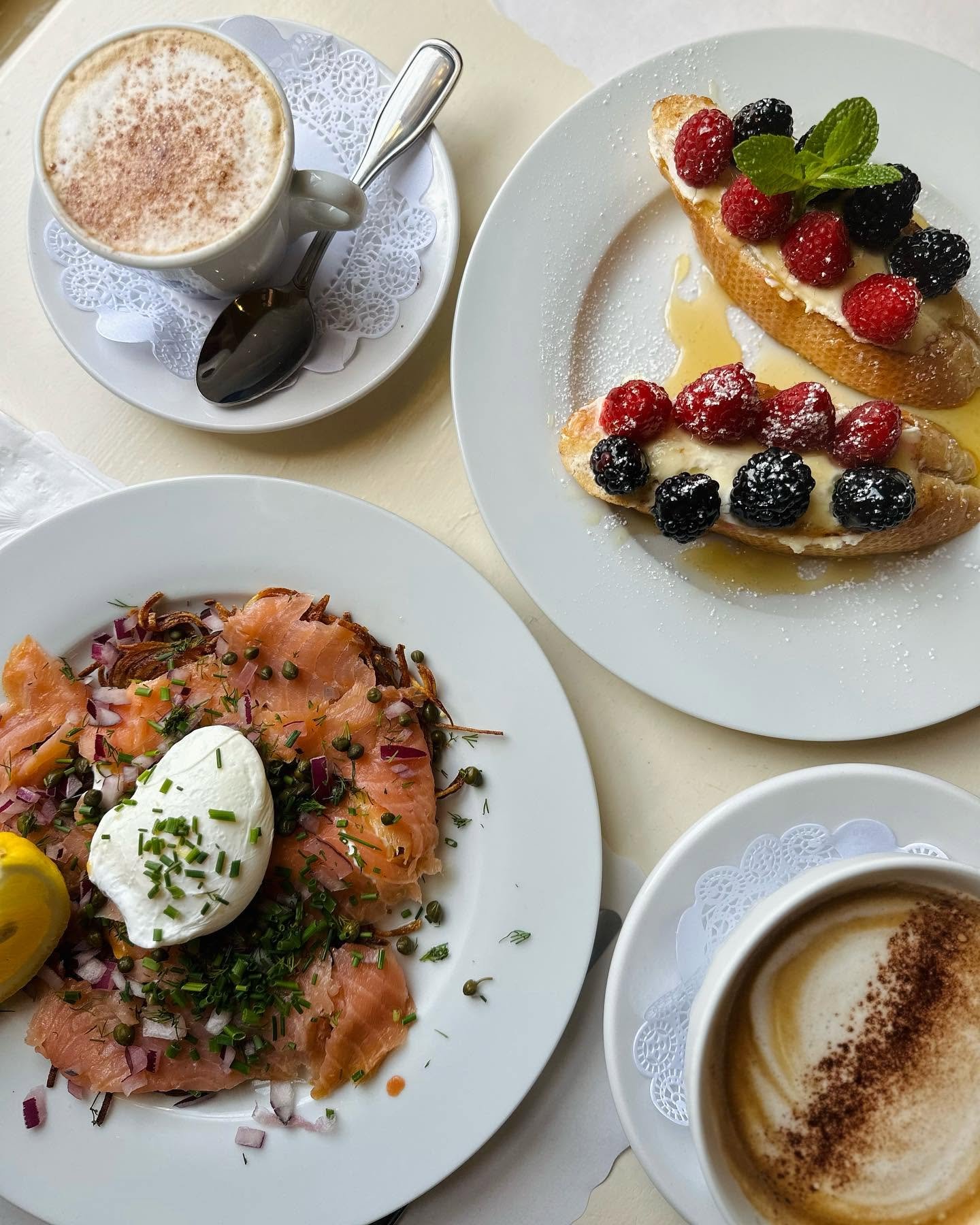 Smoked salmon, berry toast and cappuccinos
